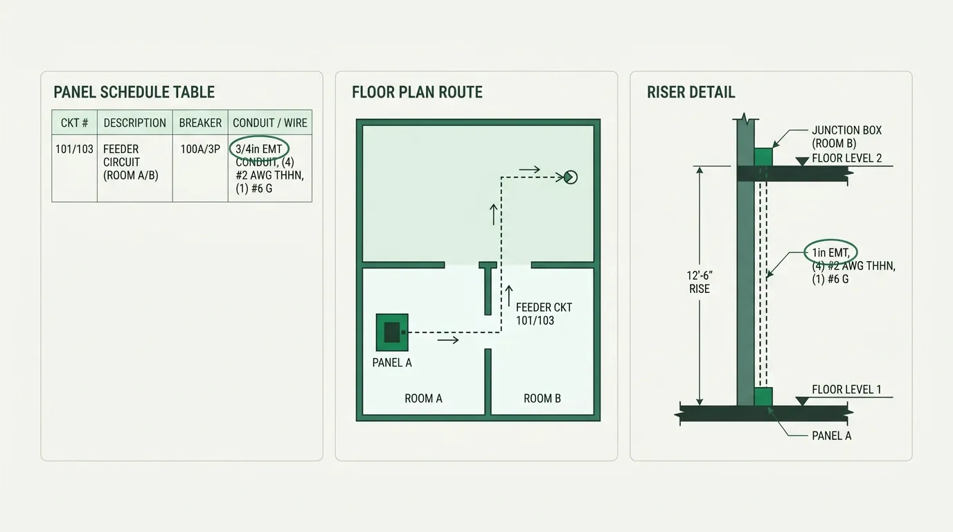 A single circuit shown three ways: the panel schedule, the floor-plan route, and the riser detail — each authored separately, each able to disagree with the others