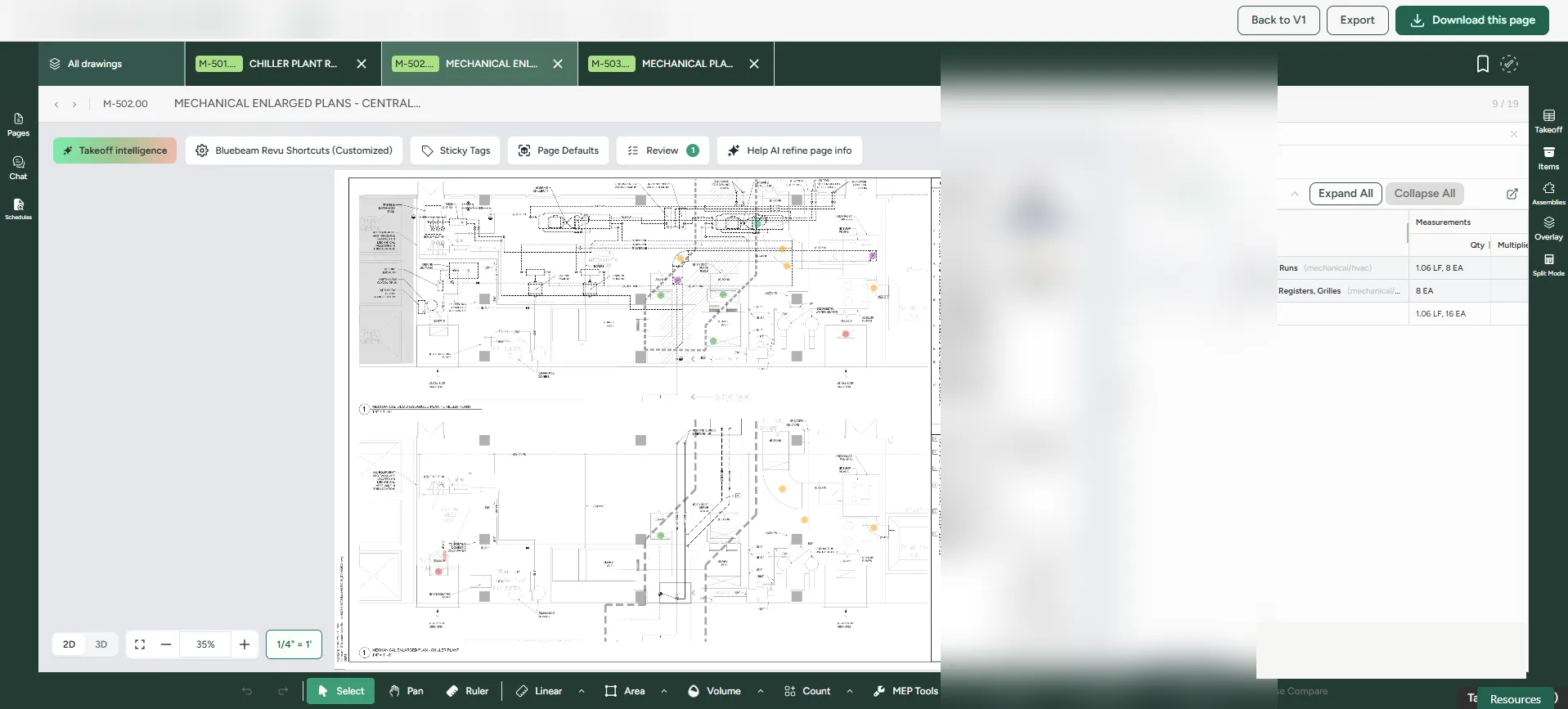 The agent working a real plan set inside the takeoff view, project details redacted.