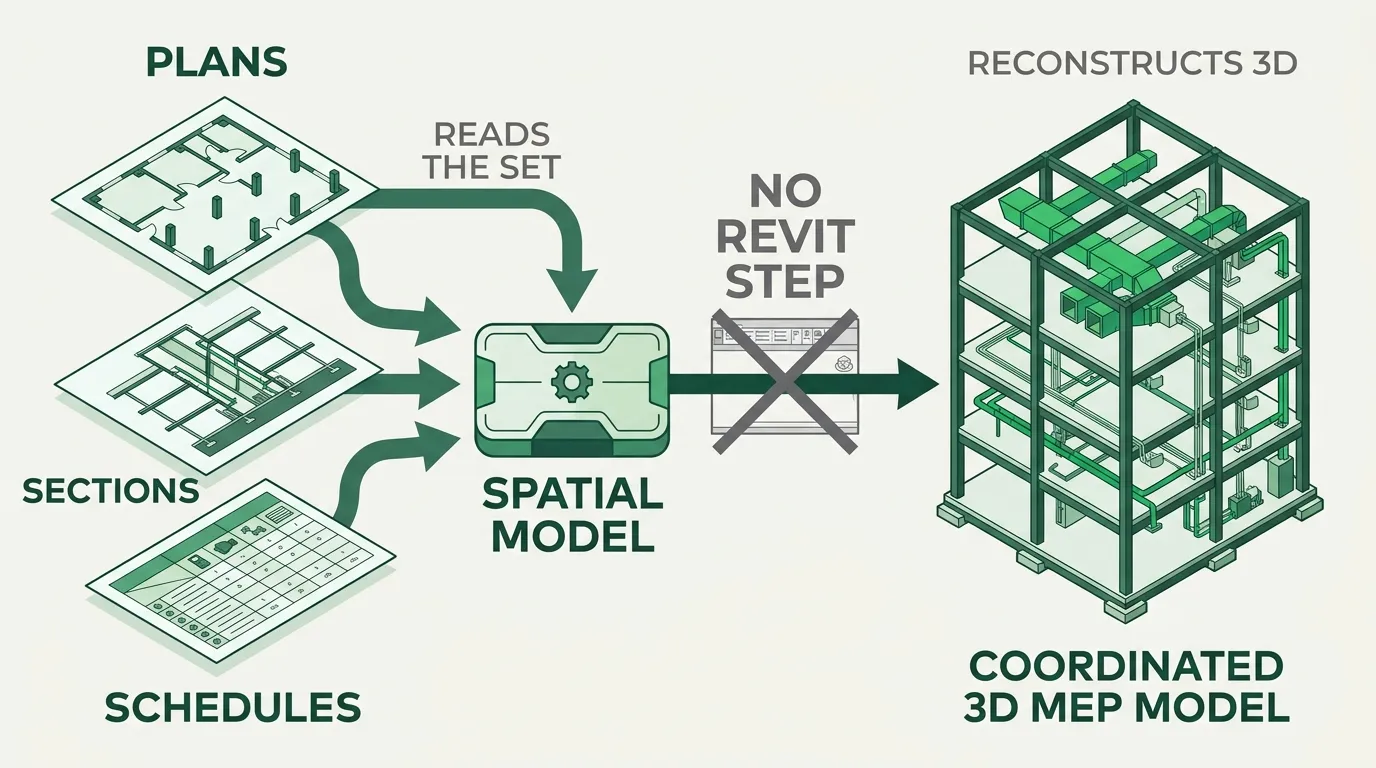 A spatial model reading plans, sections, and schedules together and assembling them into a coordinated 3D representation with no intermediate Revit step