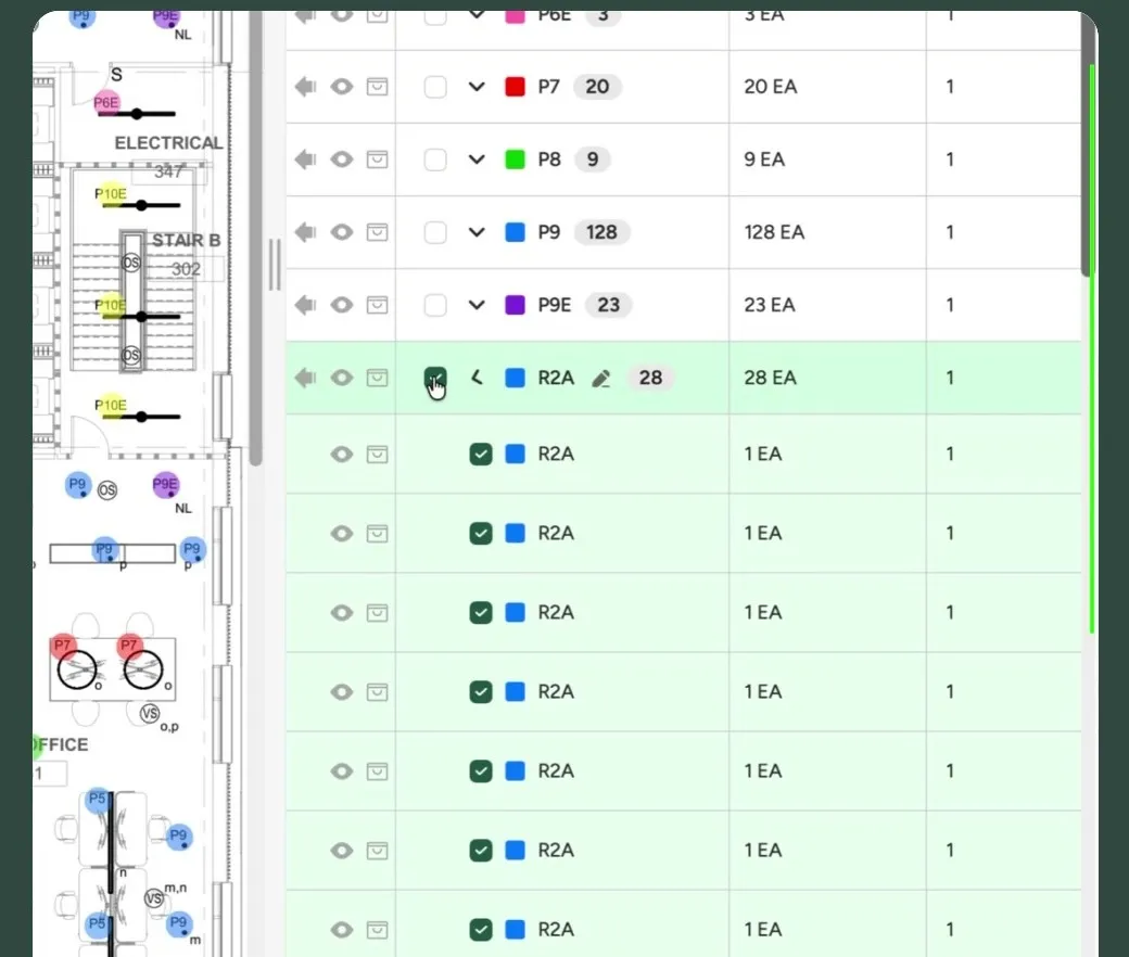 Detected electrical devices on a Boon takeoff: each symbol class (P6E, P7, P8, P9, P9E, R2A) populated with its count on the right, ready for Excel export into AccuBid.
