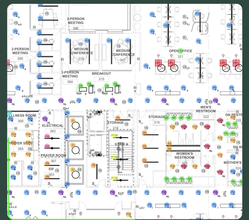 Receptacles, switches, fixtures, and fire alarm devices auto-detected across an open-plan office floor plan, every symbol class color-coded and tied back to the plan.