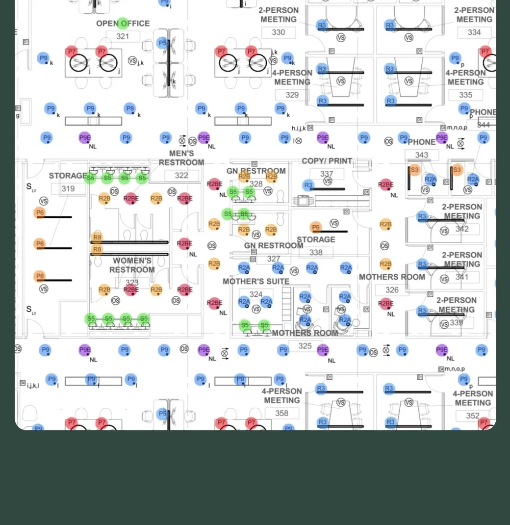 Auto-count by symbol running across a full sheet: receptacles, phone and data drops, restroom fixtures, and stair callouts all detected at once with no manual click-through.