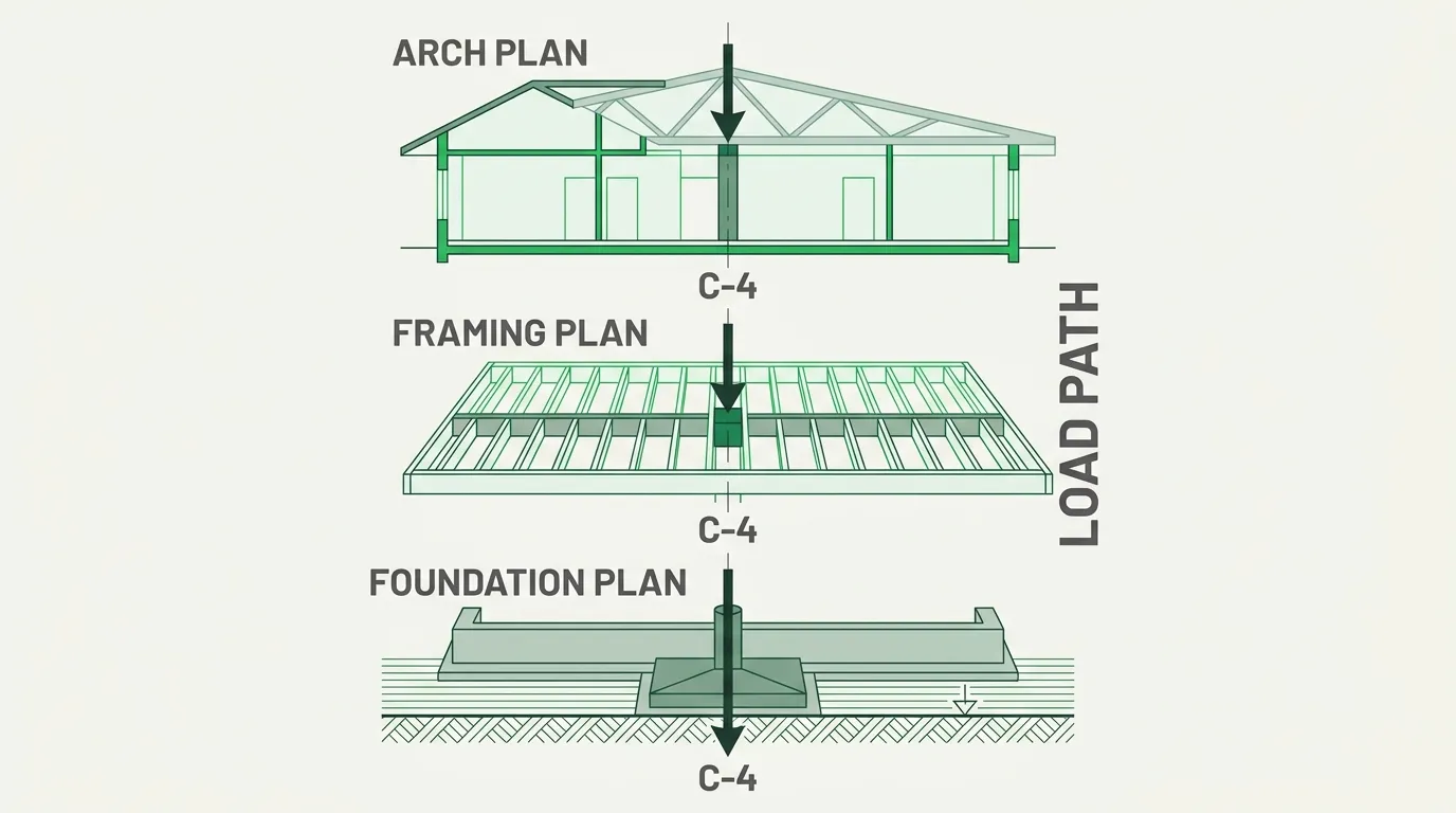 A single column traced through three plans — architectural, framing, and foundation — resolved into one continuous load path by a spatial model
