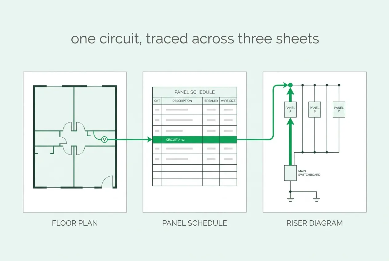 One circuit, traced across three sheets. Reading each sheet is solved. Making the thread continuous across the whole set, on every job, is where we're driving.