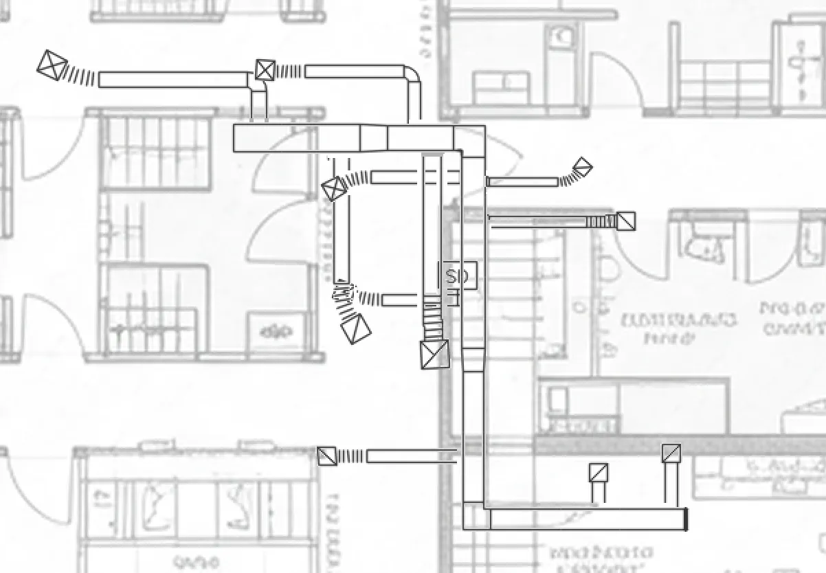 Synthetic plan showing complex HVAC routing
