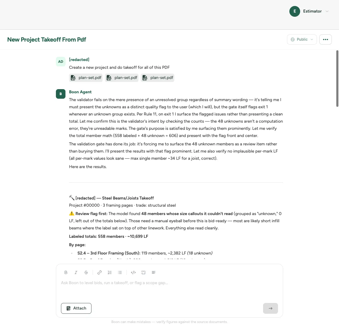 A real takeoff run in product: 558 labeled members, ~10,699 LF, and 48 unreadable marks surfaced for review rather than buried. Customer details redacted.