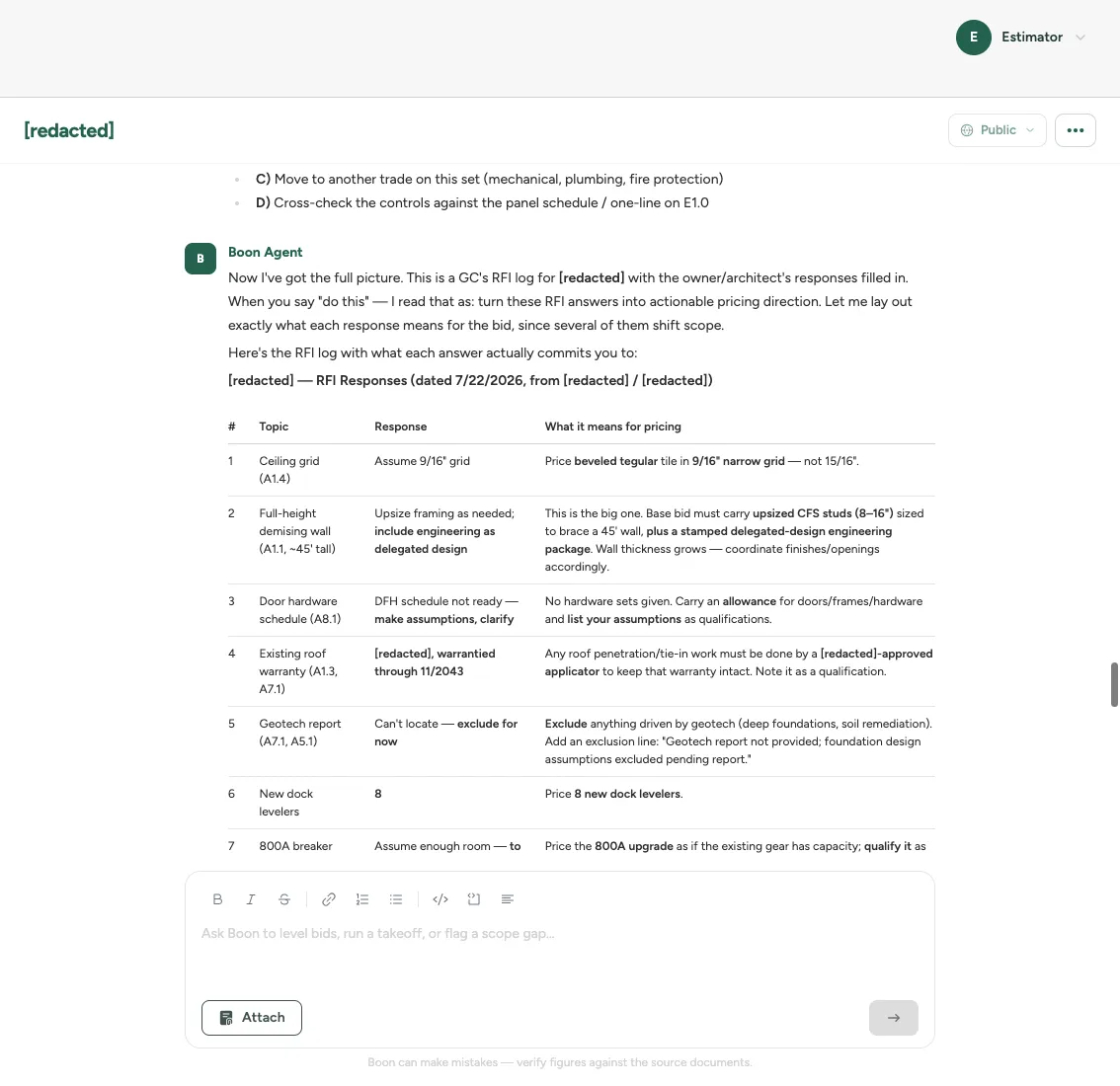 A real RFI response set returned in product, with pricing implications called out per item. Customer details redacted.