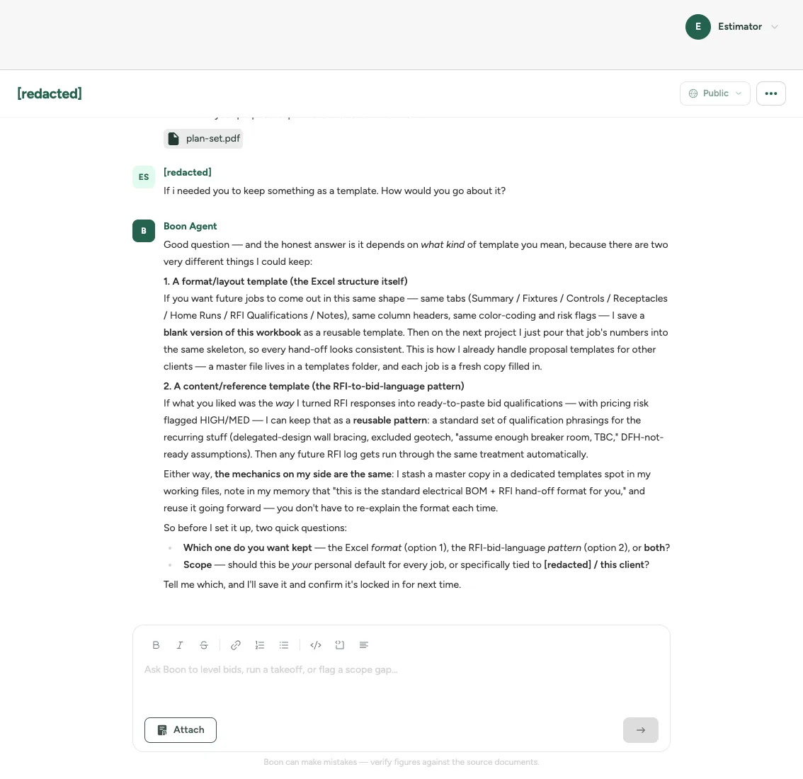 Project context held across a thread, in product, so the next question does not start over. Customer details redacted.